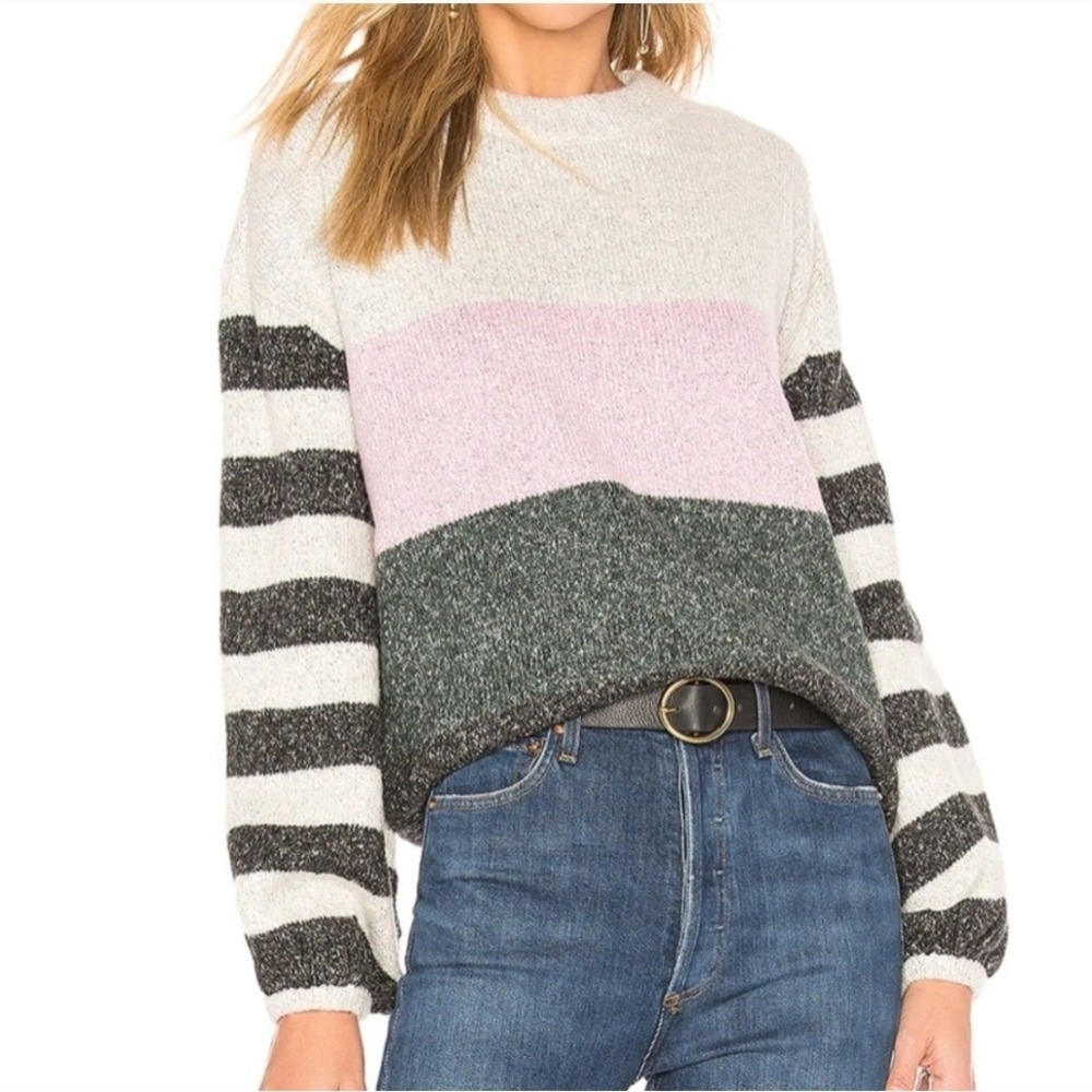 Tularosa Color Block Striped Balloon‎ Sleeve Knit Sweater Pullover